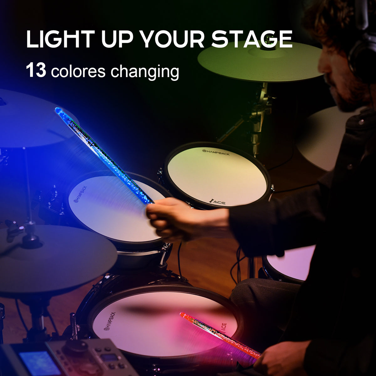 HAMPBACK LED Light up Drumsticks, 13-Color Changing Glow Drum Sticks with Extra LED Bulbs, Durable Transparent Plastic, Perfect for Stage Performance, Parties, Electronic & Acoustic Drums