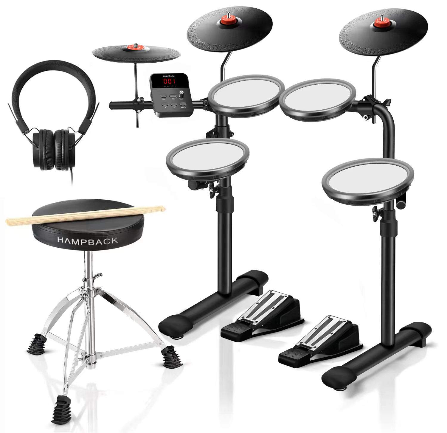 Pre-Owned HAMPBACK MK-0 Electric Drum Set with 7'' Quiet Mesh Drum Pads, 8'' Full Rubber Cymbals, 12 Kits and 68 Authentic Sounds, USB MIDI, Throne, Sticks, Headphone, 2 Switch Pedals for Beginners & Kids （Minor Impact Marks）