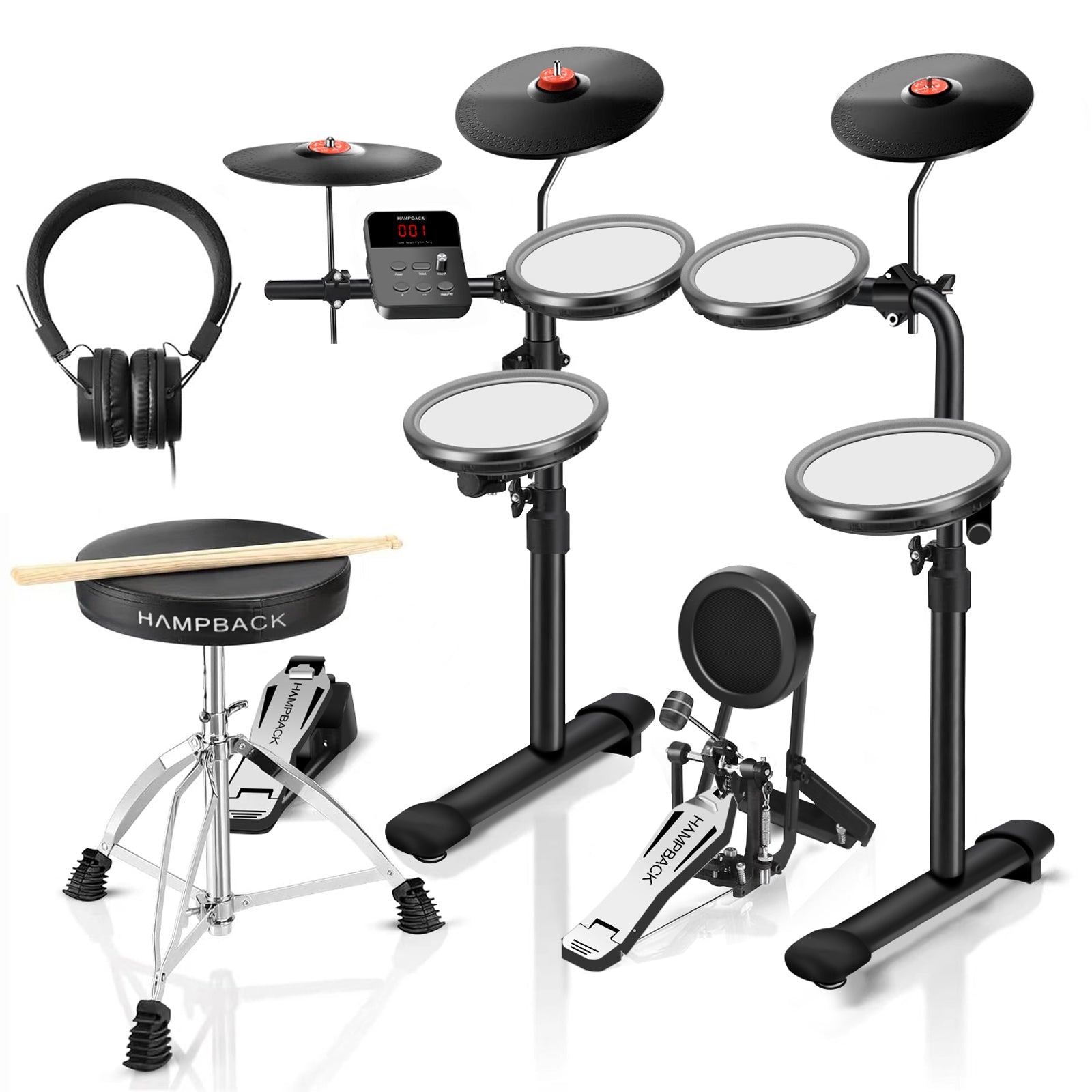 HAMPBACK MK-0 Pro Electric Drum Set with 7'' Mesh Pads, 8'' Cymbals, 12 Kits, USB MIDI, Suitable for Beginners Aged 3-12 at The Entry Level